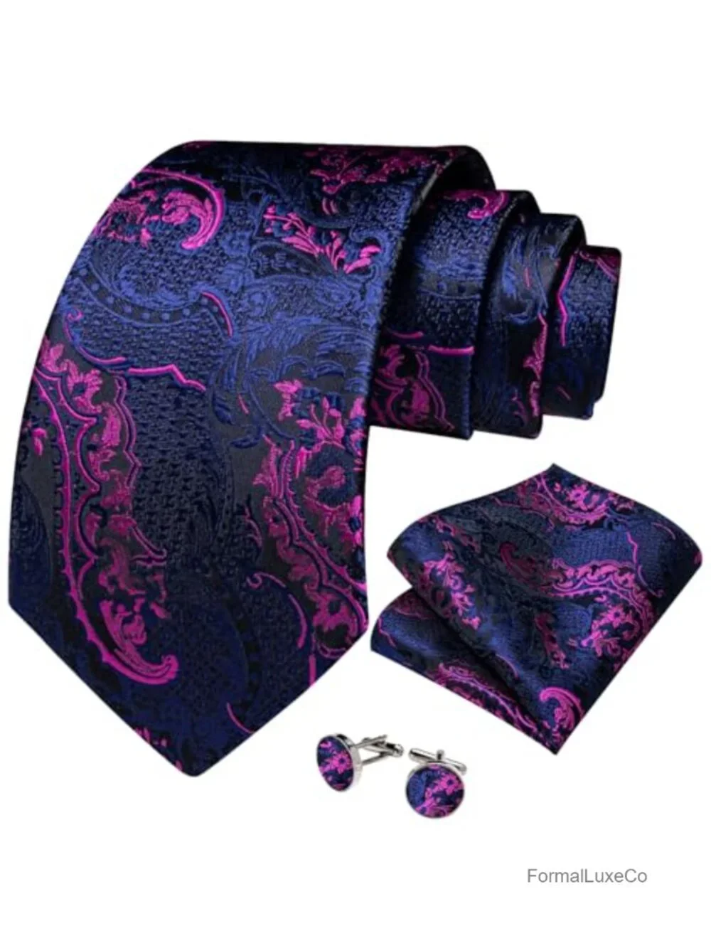 Silk Men's Tie Set with Paisley Necktie, Pocket Square & Cufflinks Formal